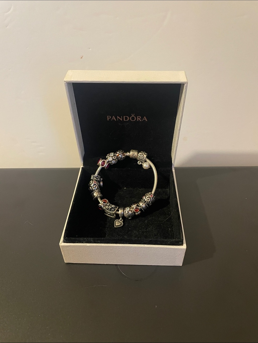 Pandora Silver Charm Bracelet with Red and Pink Accents